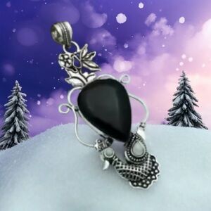 Black Onyx Pendant  925 Silver, Bird, Moonstone